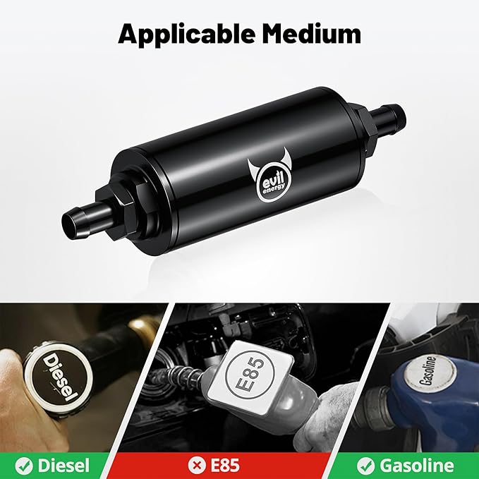 EVIL ENERGY Inline Fuel Filter 10 Micron with Barb 1/2", 3/8", 5/16" Fitting Adapter, Bracket Clamp 50MM Universal Aluminum Black for Gasoline, Diesel, Rubber Fuel Line