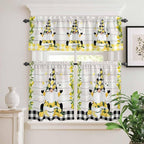Lemon Gnomes Kitchen Curtains Set 3 Piece for Windows, Rod Pocket Valance and Tier Set 24 Inch Length, Summer Botanical Fruit Wooden Grain Plaid Light Filtering Cafe Curtains for Living Room Bathroom