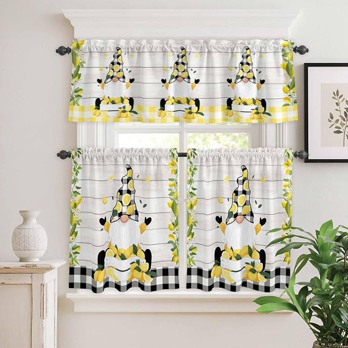 Lemon Gnomes Kitchen Curtains Set 3 Piece for Windows, Rod Pocket Valance and Tier Set 36 Inch Length, Summer Botanical Fruit Wooden Grain Plaid Light Filtering Cafe Curtains for Living Room Bathroom