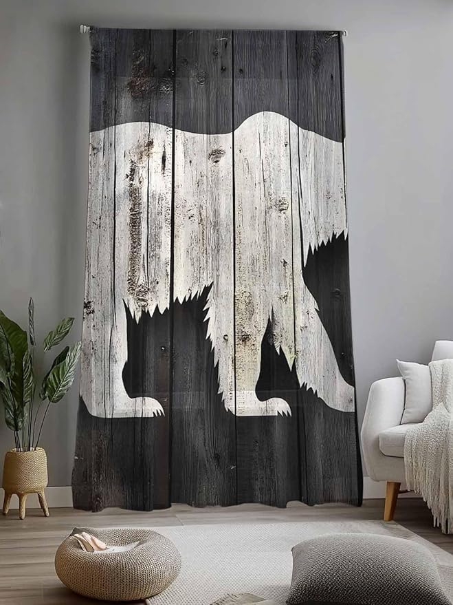 Sheer Curtains 108 Inches Long, White Brown Bear Semi Sheer Curtains Light Filtering Window Treatment, Farmhouse Country Rustic Wooden Grain Privacy Voile Drapes for Living Room Bedroom 52x108 Inch