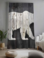 Sheer Curtains 96 Inches Long, White Brown Bear Semi Sheer Curtains Light Filtering Window Treatment, Farmhouse Country Rustic Wooden Grain Privacy Voile Drapes for Living Room Bedroom 52x96 Inch