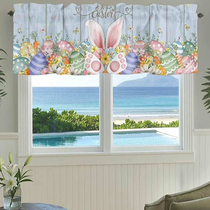 Easter Curtain Valances for Windows, Kitchen Valance Window Treatment, Spring Eggs Rabbit Ear Flowers Wooden Grain Light Filtering Block Curtains for Bathroom/Bedroom/Living Room 42'' x 12''