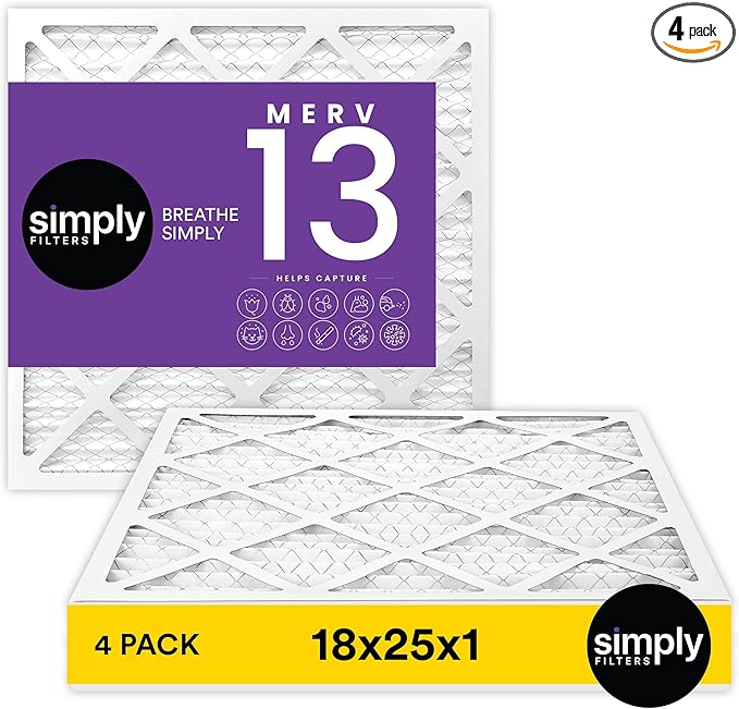 Simply 18x25x1 Air Filter, MERV 13, 4 Pack, For Home AC Furnace & HVAC (Actual Size: 17.75"x24.75"x0.75") DUST, Pet, & Allergy Control