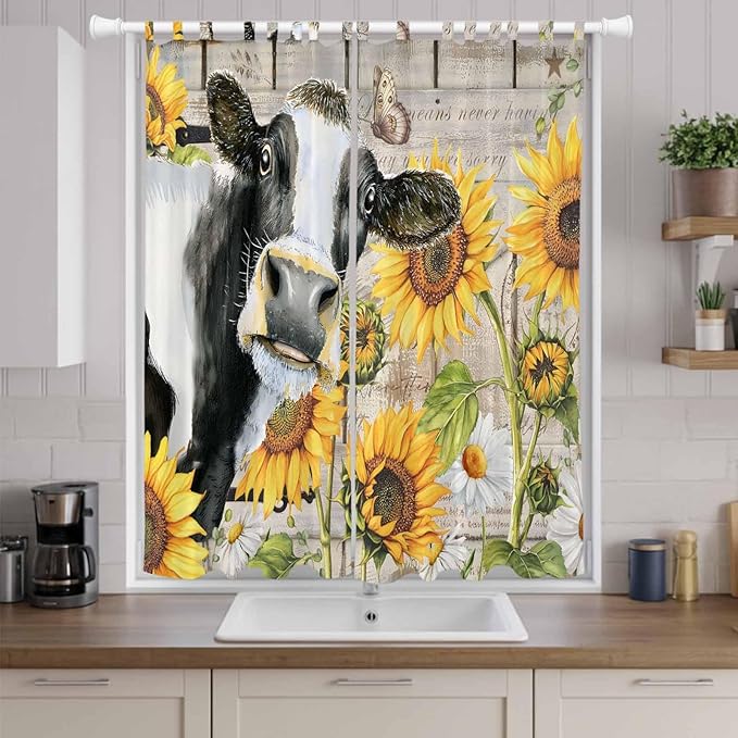 Yellow Sunflowers Living Room Curtains 96 Inch Length, Window Curtains Tab Top, Farmhouse Cow Barn Doors Floral Butterfly Light Filtering Window Treatments Drapes 52"x96" 2 Panel