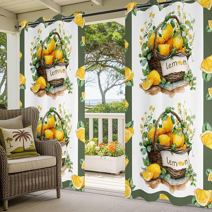 Lemon Outdoor Curtains for Patio Lemons Baskets Summer Tropical Plant Waterproof Outside Curtains with Grommet Top Weatherproof Curtain for Cabana Pergola Gazebo, 2 Pack, 54" W x 84" L