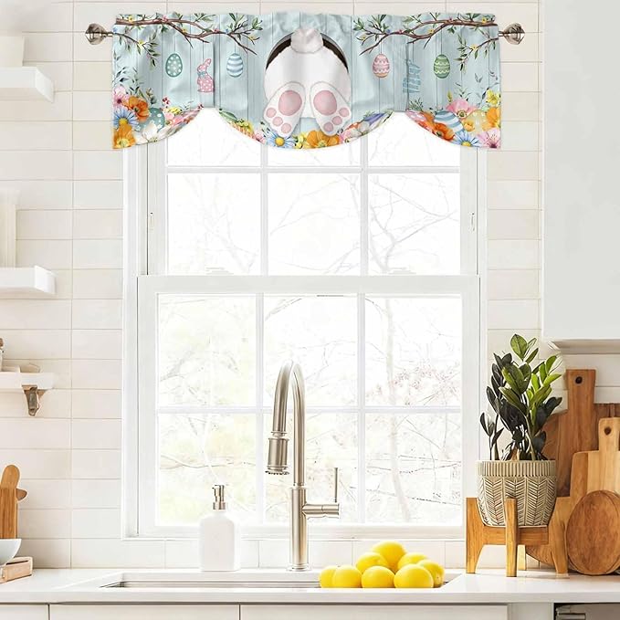 Easter Bunny Tie Up Valance Curtains for Windows, Kitchen Curtains Window Shades, Easter Eggs Spring Farmhouse Wood Grain Teal Blue Light Filtering Curtain Valances for Bedroom/Bathroom/Cafe 42"x18"