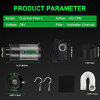 MELONFARM Dual-Fan Air Filter 4 Inch Dual-fan power boosts air circulation, Controller for Odor Control, Grow Tent,Air circulation in confined spaces