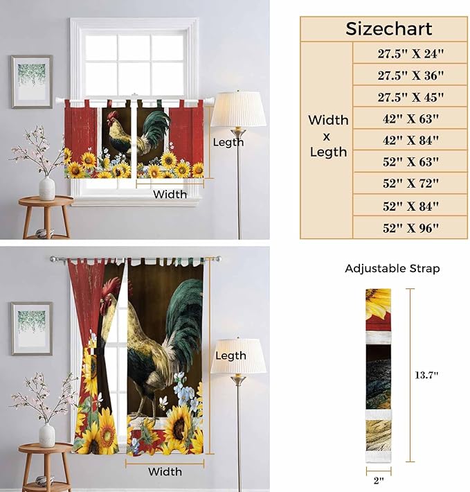Chicken Sunflowers Kitchen Curtains 36 Inch Length, Small Window Curtains Tab Top, Farmhouse Animals Red Barn Bees Light Filtering Short Window Treatments Tier Drapes 27.5"x36" 2 Panel