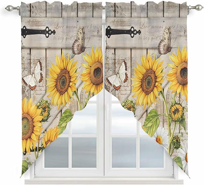Farm Flowers Swag Valances for Windows, Retro Sunflowers Barn Doors Butterfly Wood Board Rod Pocket Kitchen Curtains Valance, Kitchen Window Curtains Swag for Cafe Living Room, 2 Panels, 36x45 inch