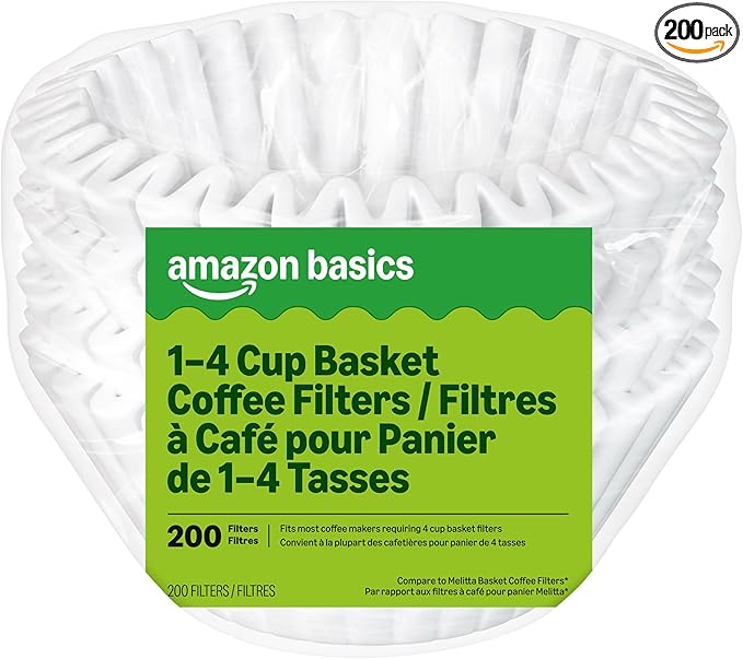 Amazon Basics Basket Coffee Filters for 1-4 Cup Coffee Makers, White, 200 Count