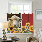 Sheep Flowers Kitchen Curtains 45 Inch Length, Short Cafe Window Curtains Tab Top, Country Red Barn Botanical Sunflowers Light Filtering Window Treatments Tier Drapes 27.5"x45" 2 Panel