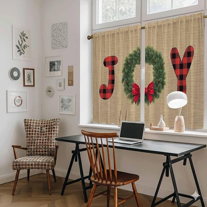 Red Green Christmas Kitchen Curtains 45 Inch Long 2 Panel Set, Rod Pocket Window Treatment, Xmas Botanical Winter Farmhouse Light Filtering Panels Short Drapes for Bathroom Camper 42"W x 45"L