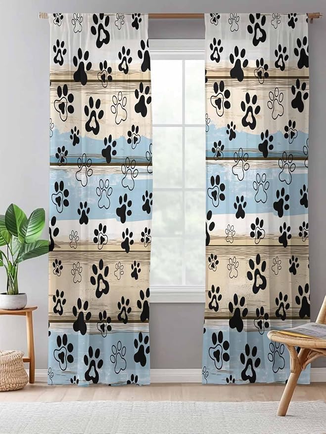 Sheer Curtains 96 Inches Long, Blue Dog Paw Print Semi Sheer Curtains Light Filtering Window Treatment, Vintage Farmhouse Rustic Wooden Grain Privacy Voile Drapes for Living Room Bedroom 52x96 Inch