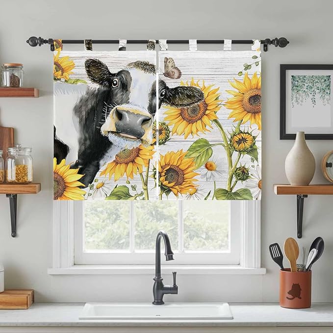 Retro Farmhouse Floral Bedroom Curtains 63 Inch Length, Window Curtains Tab Top, Yellow Sunflowers Cows Butterfly Wood Light Filtering Window Treatments Drapes 42"x63" 2 Panel