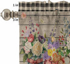 Kitchen Curtains Tiers and Valance Set of 3, Spring Flowers Light Filtering Window Curtain Set, Farmhouse Vintage Black Plaid Wood Grain Rod Pocket Curtain Drapes for Living Room, 36 Inches Tiers