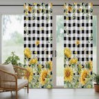 Sunflowers Outdoor Curtains for Patio Summer Floral Eucalyptus Leaf Buffalo Check Waterproof Outside Curtains with Grommet Top Weatherproof Curtain for Cabana Pergola Gazebo, 1 Panel, 54" W x 108" L