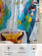 Sheer Curtains 96 Inches Long, Funny Colorful Cow Semi Sheer Curtains Light Filtering Window Treatment, Retro Rustic Oil Painting Wood Grain Privacy Voile Drapes for Living Room Bedroom 52x96 Inch