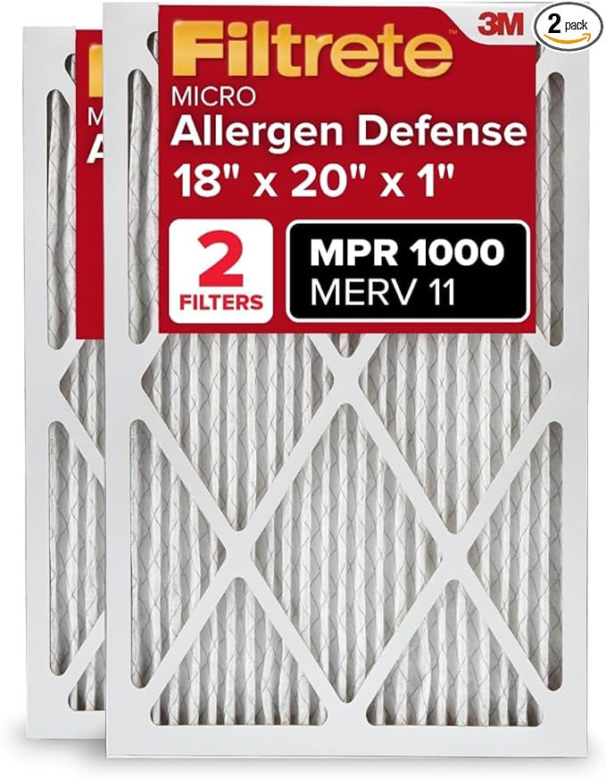 Filtrete 18x20x1 AC Furnace Air Filter, MERV 11, MPR 1000, Micro Allergen Defense, 3-Month Pleated 1-Inch Electrostatic Air Cleaning Filter, 2 Pack (Actual Size 17.81 x 19.81 x 0.81 in)