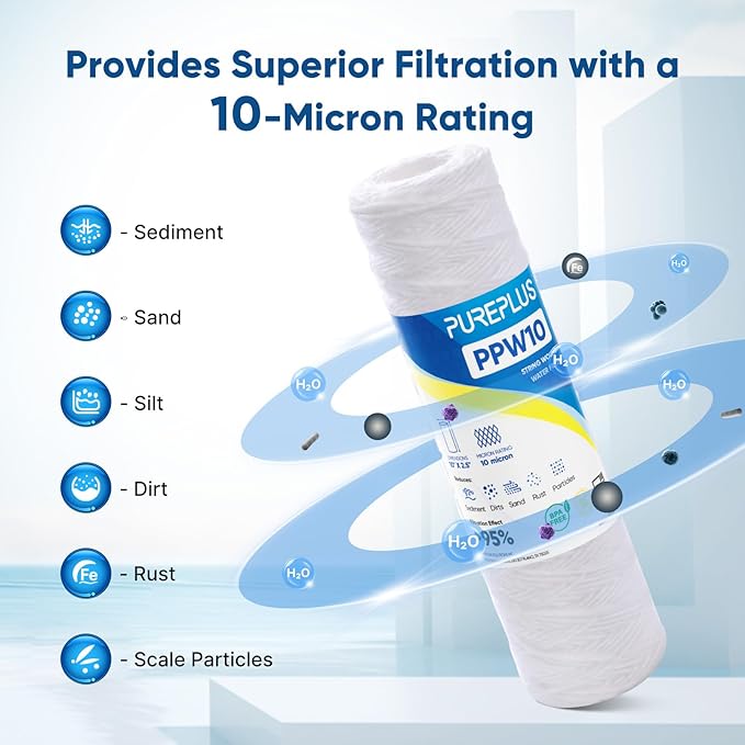 PUREPLUS 10 Micron 10"x2.5" Whole House String Wound Sediment Filter for Well Water, Replacement Cartridge for Universal 10 inch RO System, WP-5, Aqua-Pure AP110, CFS110, Culligan P5,WFPFC4002, 4Pack