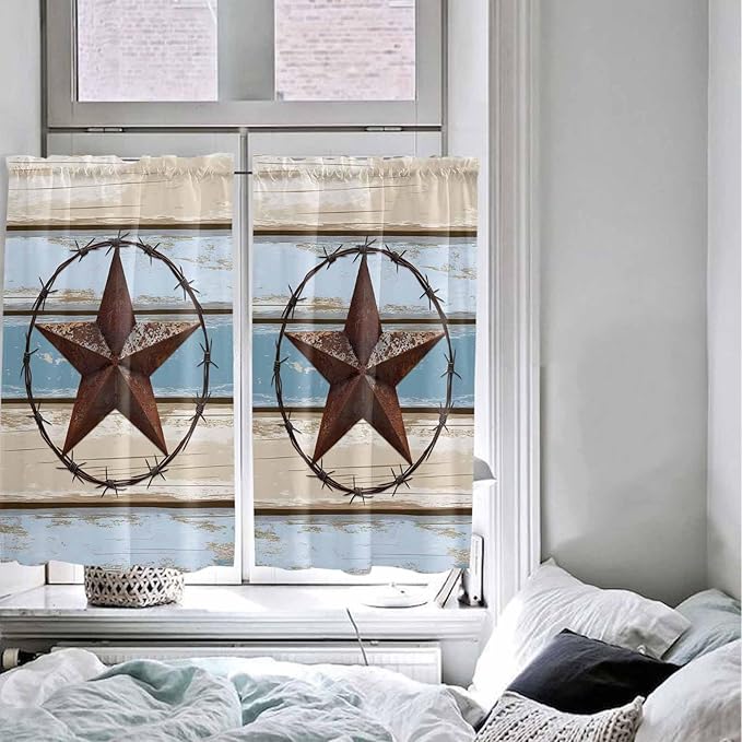 Vintage Western Star on Wood Grain Window Valance Curtains, Retro Wooden Texture Light Filtering Kitchen Valance with 3-inch Rod Pocket for Living Room Bathroom Bedroom,2 Panel,42x45In
