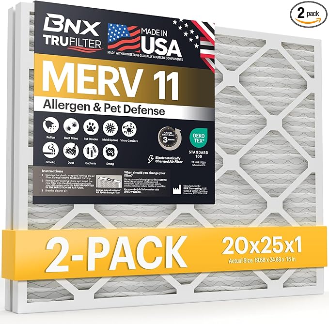 BNX 20x25x1 MERV 11 Air Filter 2 Pack - MADE IN USA - Electrostatic Pleated Air Conditioner HVAC AC Furnace Filters - Removes Dust, Mold, Pollen, Lint, Pet Dander, Smoke, Smog