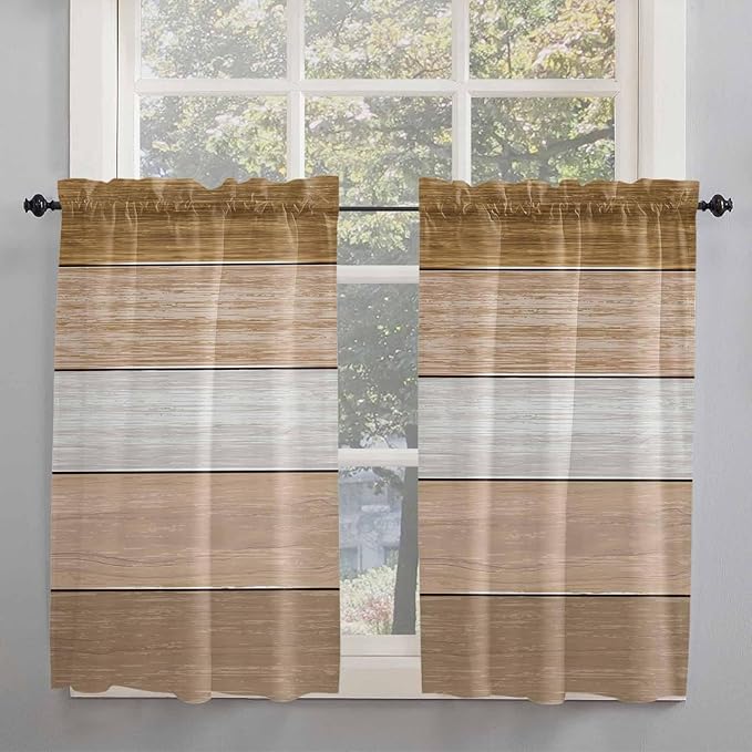 Retro Farm Wood Board Window Valance Curtains, Brown Graduality Striped Light Filtering Kitchen Valance with 3-inch Rod Pocket for Living Room Bathroom Bedroom,2 Panel,27.5x45In