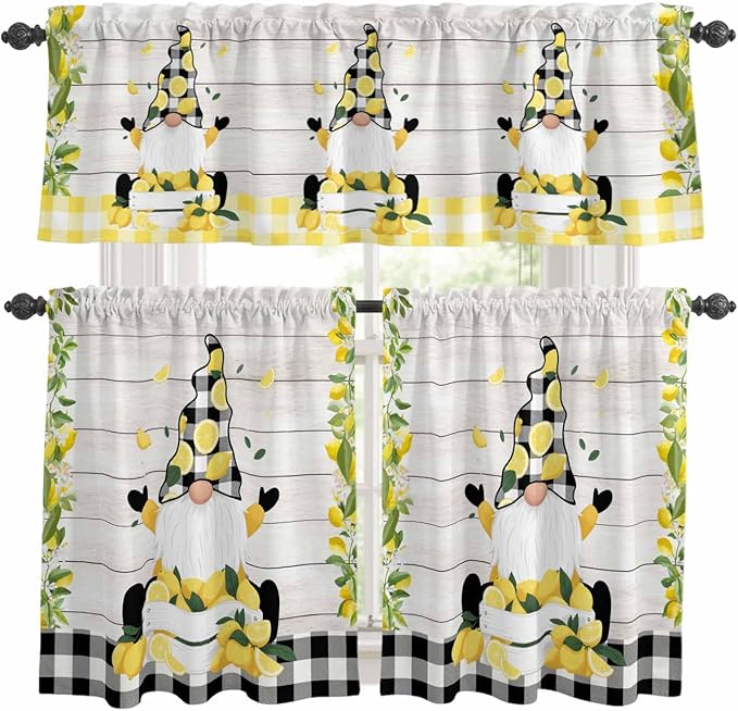 Lemon Gnomes Kitchen Curtains Set 3 Piece for Windows, Rod Pocket Valance and Tier Set 36 Inch Length, Summer Botanical Fruit Wooden Grain Plaid Light Filtering Cafe Curtains for Living Room Bathroom