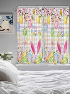 Happy Easter Bedroom Curtains 63 Inches length, Spring Bunny Colorful Eggs Flower Plaid Window Treatment Curtain Drapes, Rod Pocket Curtain Panels for Living Room Kitchen, 42"x63", 2 Panels