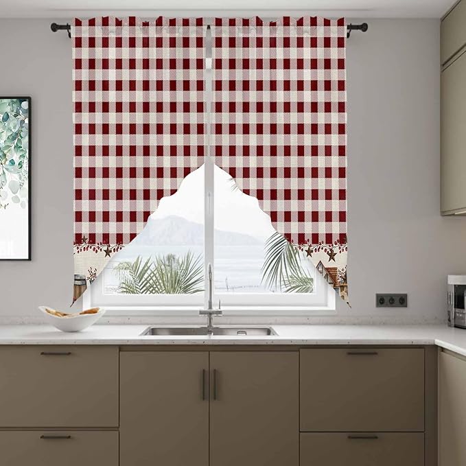 Swag Curtain Valances for Kitchen Windows,Farm Barn Western Star on Vintage Short Rod Pocket Window Valance,Red Buffalo Plaid Swag Topper for Bedroom Living Room,2 Panels 36x36in