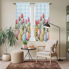Easter Window Curtains 63 Inch Long 2 Panel Set, Rod Pocket Bedroom Curtains & Drapes, Spring Bunny Colorful Eggs Tulip Flowers Blue Check Light Filtering Window Treatment for Living Room 42"W x 63"L
