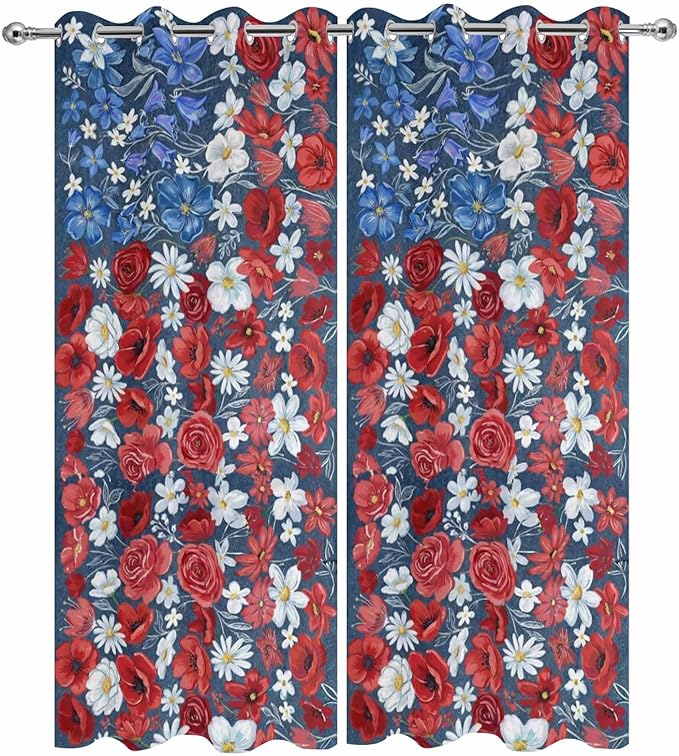 4th of July Outdoor Curtains for Patio Patriotic Flowers Farmhouse Red Waterproof Outside Curtains with Grommet Top Weatherproof Curtain for Cabana Pergola Gazebo, 2 Pack, 54" W x 95" L