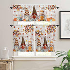 Fall Gnomes Kitchen Curtain Set, Thanksgiving Maple Leaf Grey Wood Grain Window Valance and Tiers 36" Length, Light Filtering Short Curtains Valance for Cafe Bathroom Bedroom 54"x18"
