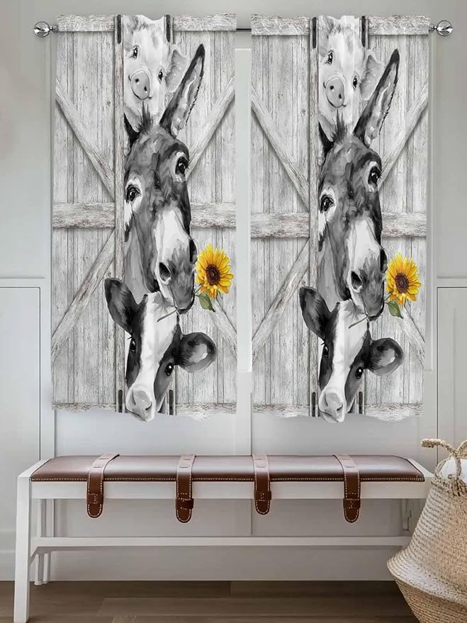 Grey Farmhouse Bedroom Curtains 63 Inches Length, Vintage Sunflowers Animals Printed Window Treatment Curtain Drapes, Rod Pocket Curtain Panels for Living Room Kitchen, 42"x63", 2 Panels