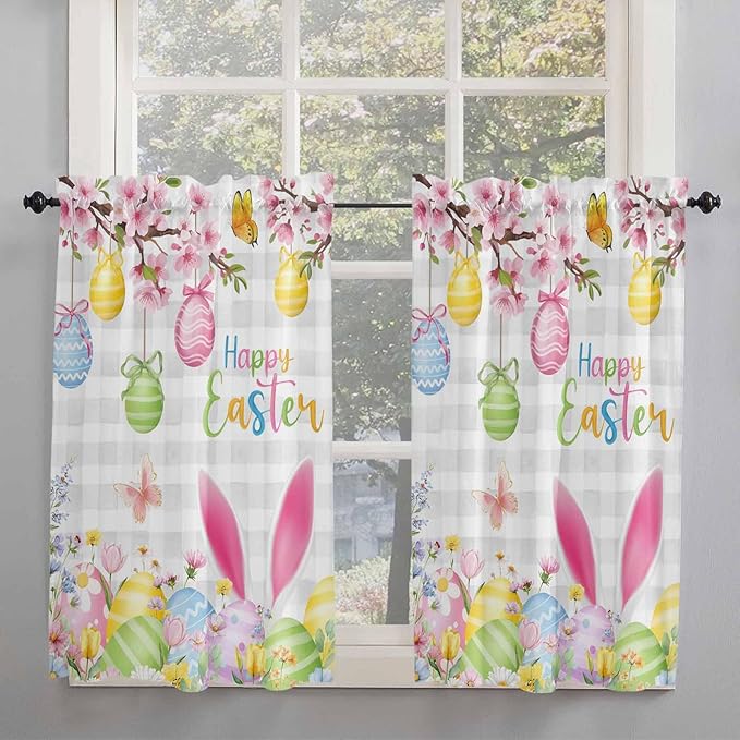 Happy Easter Kitchen Curtains 54 Inches length, Spring Watercolor Bunny Eggs Flower Grey Plaid Window Treatment Curtain Drapes, Thermal Insulated Drapes for Basement Hotel RV, 42"x54", 2 Panels