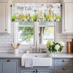 Easter Curtain Valances for Windows, Kitchen Valance Window Treatment, Spring Sheep Bunny Duck Plants Wooden Grain Light Filtering Block Curtains for Bathroom/Bedroom/Living Room 54'' x 18''