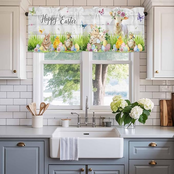 Easter Curtain Valances for Windows, Kitchen Valance Window Treatment, Spring Sheep Bunny Duck Plants Wooden Grain Light Filtering Block Curtains for Bathroom/Bedroom/Living Room 42'' x 12''