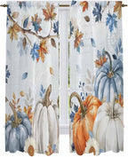 Fall Blue Maple Window Curtains 72 Inch Long 2 Panel Set,Rod Pocket Long Curtains & Drapes,Thanksgiving Pumpkins Daisy Country Leaves Window Treatment for Bedroom Living Room 52"W x 72"L