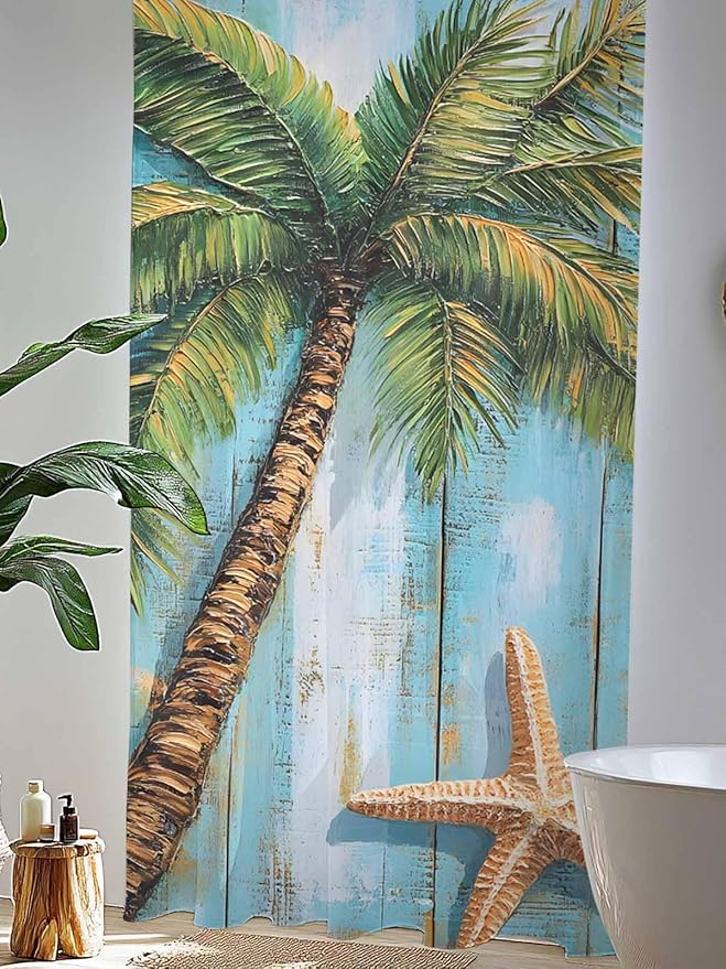 Sheer Curtains 96 Inches Long, Coastal Beach Tree Semi Sheer Curtains Light Filtering Window Treatment, Summer Tropical Starfish Wood Grain Privacy Voile Drapes for Living Room Bedroom 52x96 Inch