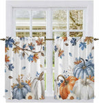 Navy Blue Pumpkin Fall Kitchen Curtains 45 Inch Long 2 Panel Set, Rod Pocket Window Treatment, Thanksgiving Maple Leaves Branches Light Filtering Panels Short Drapes for Bathroom Camper 42"W x 45"L