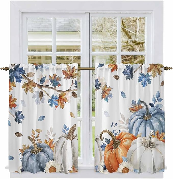 Navy Blue Pumpkin Fall Kitchen Curtains 54 Inch Long 2 Panel Set,Rod Pocket Window Curtains Panels,Thanksgiving Maple Leaves Branches Light Filtering Drapery Draperies for Bathroom Bedroom 52"W x 54"L
