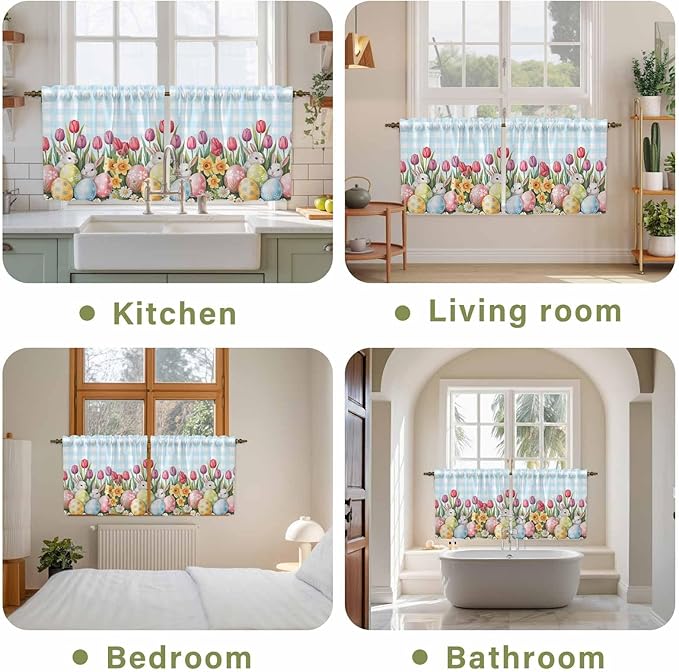 Easter Kitchen Tier Curtains 36 Inch Long 2 Panel Set,Rod Pocket Half Window Curtains Over Sink,Spring Bunny Colorful Eggs Tulip Flowers Blue Check Light Filtering Short Drapes Cafe 27.5"W x 36"L