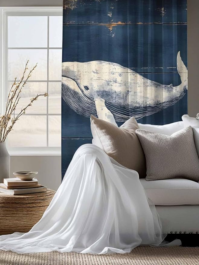 Sheer Curtains 63 Inch Length, Ocean Vintage Whale Semi Sheer Curtains Light Filtering Window Treatment, Summer Retro Wood Grain Privacy Voile Drapes for Living Room Bedroom 52x63 Inch