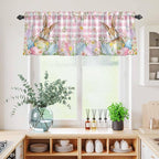 Kitchen Curtains Tiers and Valance Set of 3, Easter Light Filtering Window Curtain Set, Spring Rabbit Eggs Nature Botanicals Pink Plaid Rod Pocket Curtain Drapes for Cafe, Living Room, 24 Inches Tiers
