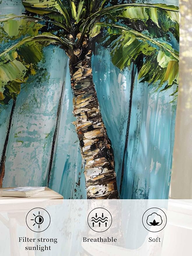 Sheer Curtains 84 Inches Long, Coastal Beach Starfish Semi Sheer Curtains Light Filtering Window Treatment, Blue Green Tropical Palm Tree Wood Grain Privacy Voile Drapes for Living Room 52x84 Inch
