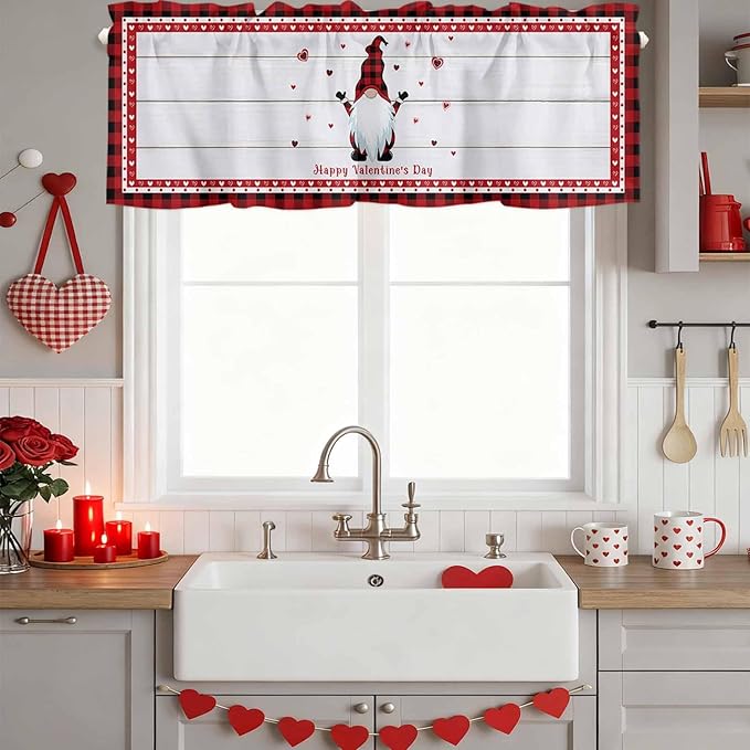 Valentine's Day Valance Curtains for Kitchen, Gnome Red Love Plaid Wood Grain Privacy Rod Pocket Valance Curtain, Light-Filtering Window Treatment for Bedroom Bathroom, 60"x14"