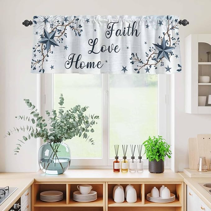 Texas Star Country Kitchen Curtains Set 3 Piece for Windows, Rod Pocket Valance and Tier Set 24 Inch Length, Blue Farmhouse Branches Light Filtering Cafe Curtains for Living Room Bathroom