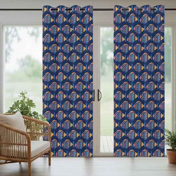 Fish Outdoor Curtains for Patio Vintage National Wind Fish Blue Waterproof Outside Curtains with Grommet Top Weatherproof Curtain for Cabana Pergola Gazebo, 1 Panel, 54" W x 108" L