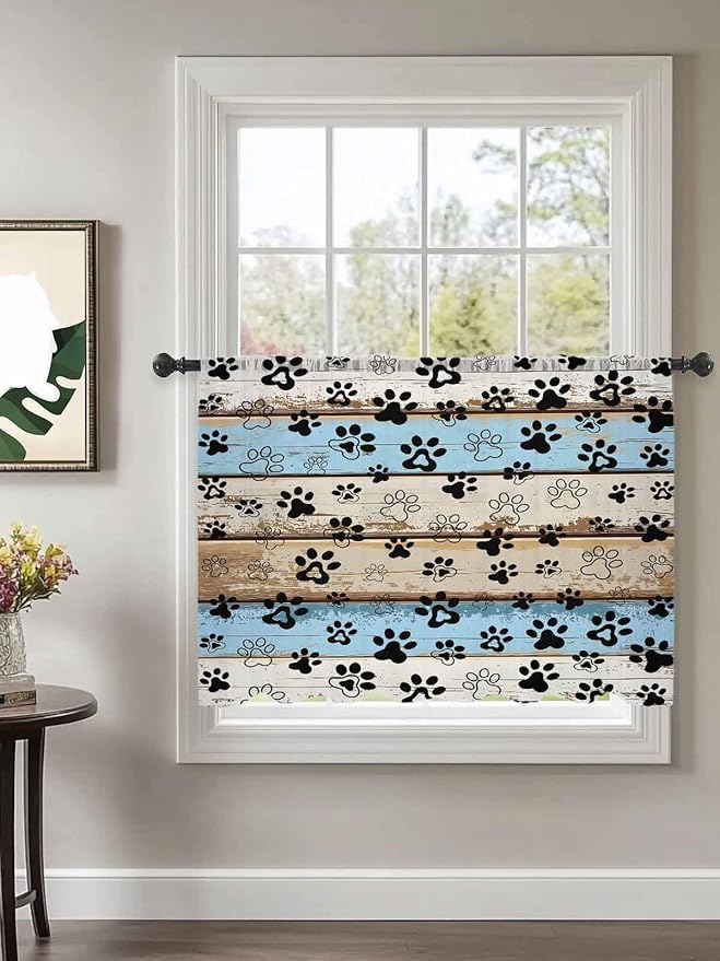 Sheer Curtains 54 Inch Length, Blue Brown Paw Prints Semi Sheer Curtains Light Filtering Window Treatment, Vintage Farmhouse Rustic Wooden Grain Privacy Voile Drapes for Living Room Bedroom 52x54 Inch