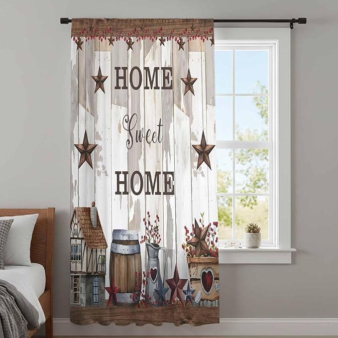 Farmhouse Sheer Curtains 63 Inch Length Retro Country Star Berry Vintage Wood Grain Chiffon Curtain for Bedroom Living Room Light Filtering Rod Pocket Window Treatments Voile Curtains Drapes