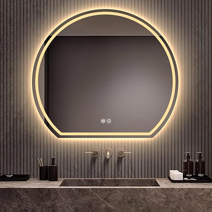 Bathroom Mirror with 3 Colour LED Lights, Wall Mounted Bathroom Vanity Mirror, Demister Heat Pad/Dimming Function/Touch Switch Smart Mirror(A,19.6"x17.7"/50x45cm)